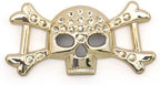 Skull and crossbones embellishments displayed on fabric.