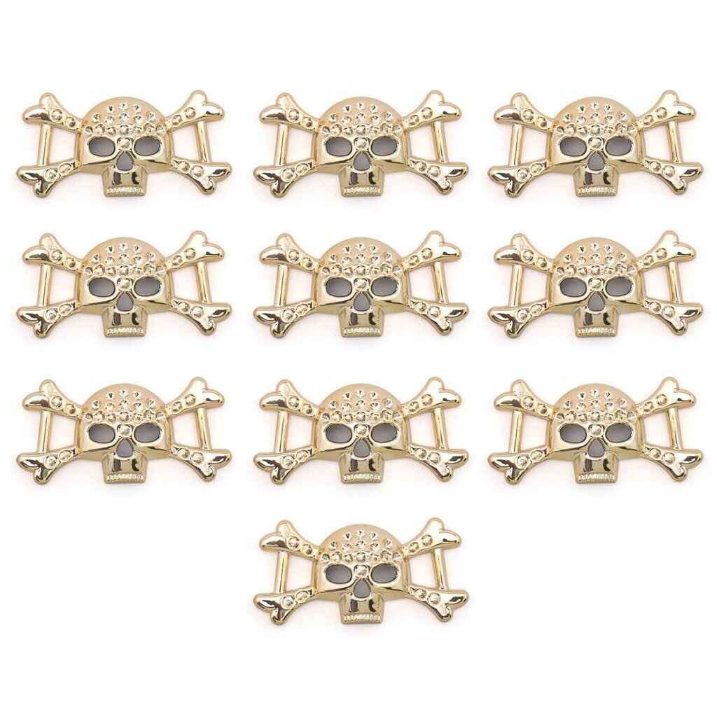 Pack of 10 gold colour skull and crossbones embellishments.