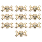Pack of 10 gold colour skull and crossbones embellishments.