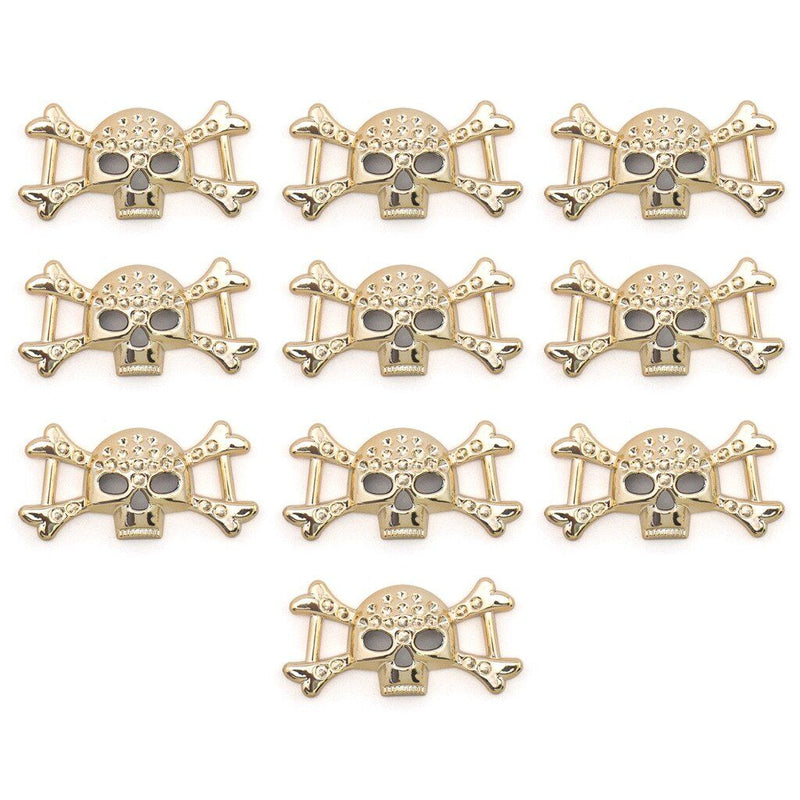 Pack of 10 gold colour skull and crossbones embellishments.