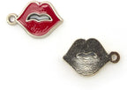 Red hot lips trims displayed on a fabric background