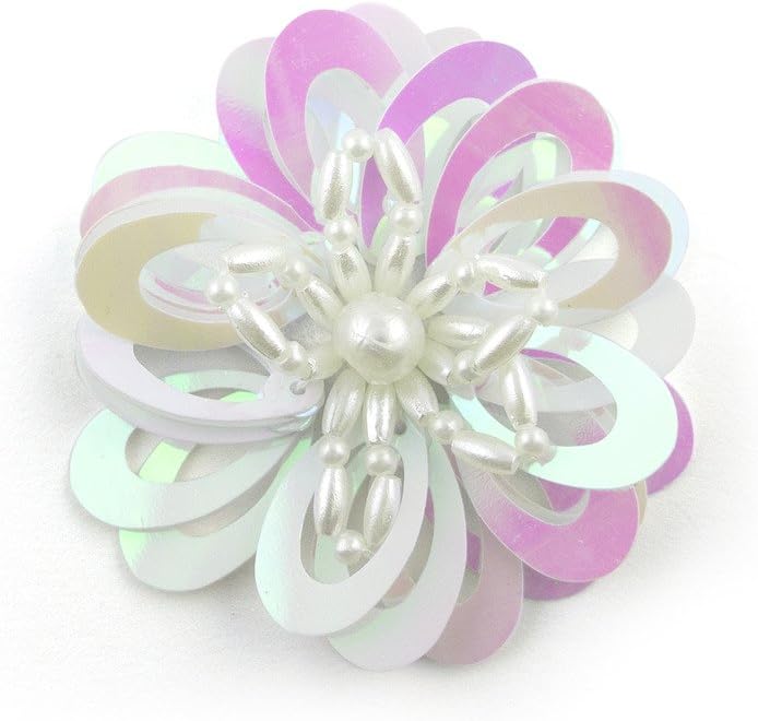 White flower trim with pink sequins and beads on a white background.