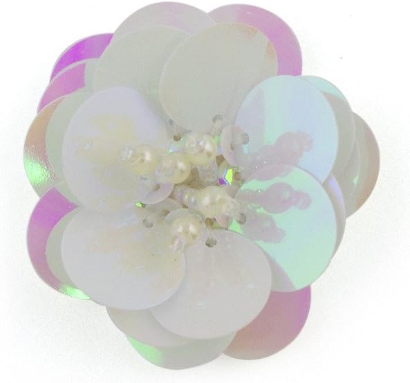Pack of 5 white reflective flower sequin and bead sew-on trims.