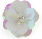 Pack of 5 white reflective flower sequin and bead sew-on trims.