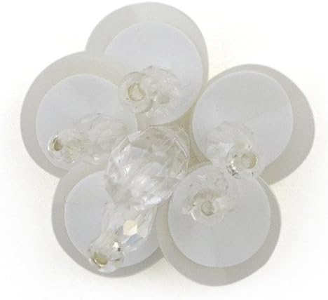 Close-up of a white flower sew-on trim showcasing crystal beads.