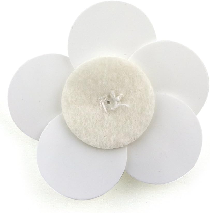 Pack of five large white round sequin flower trims displayed.