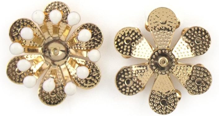Pack of 5 gold and white enamel flower sew-on trims arranged neatly.