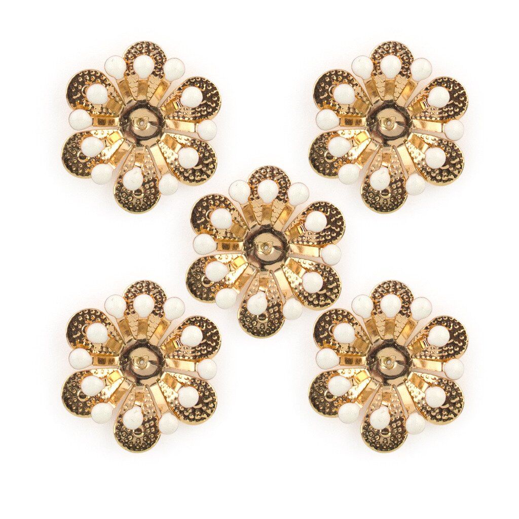 Gold and white enamel flower sew-on trim displayed on a white background.