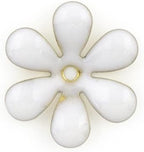 Close-up of white enamel flower sew-on trim on fabric.