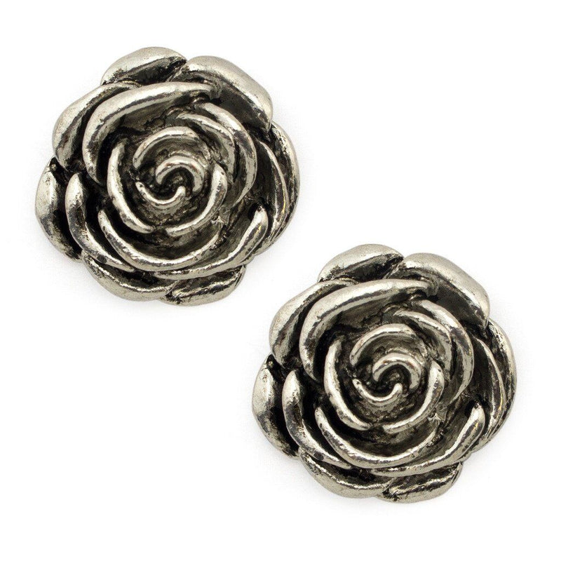 Two large silver metal rose pendants on a white background.