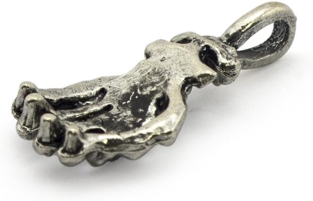 Close-up of a silver skeleton hand pendant measuring 38mm x 19mm.