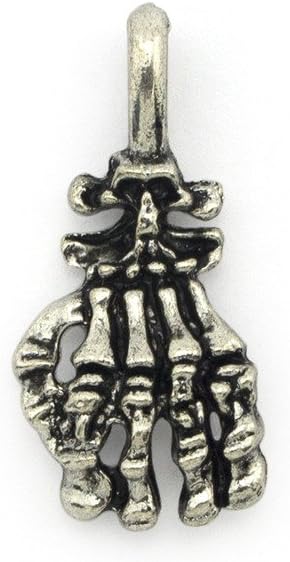 Silver skeleton hand pendant used in a necklace design.