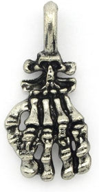Silver skeleton hand pendant used in a necklace design.
