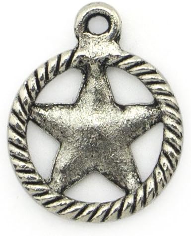 Close-up of a silver five-pointed star pendant showing intricate design.