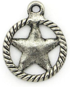 Close-up of a silver five-pointed star pendant showing intricate design.