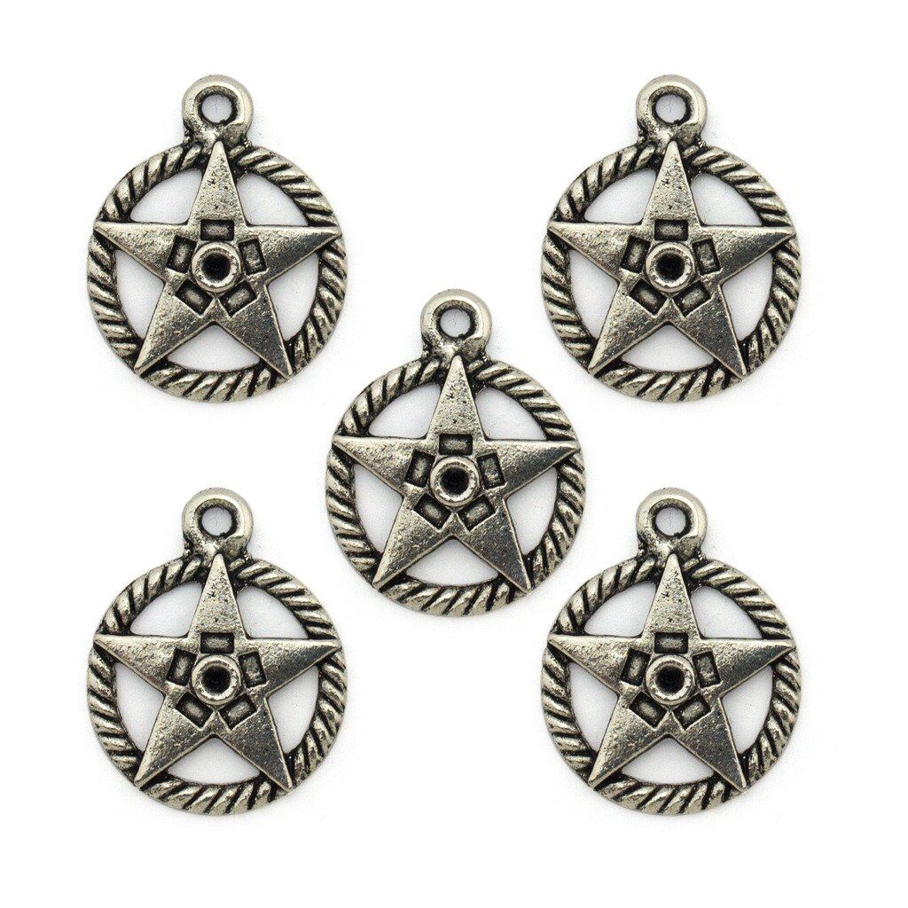 Pack of five silver metal star pendants with ropework details.