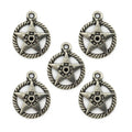 Pack of five silver metal star pendants with ropework details.