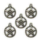 Pack of five silver metal star pendants with ropework details.