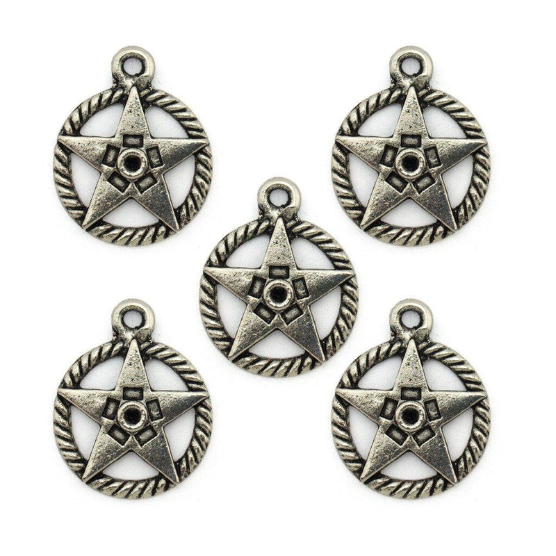 Pack of five silver metal star pendants with ropework details.