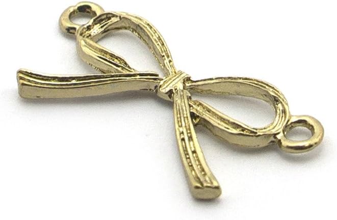 Pack of 10 gold colour ribbon bow pendants displayed together.
