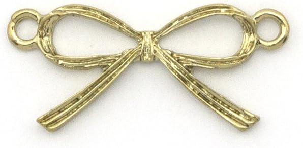 Close-up of a gold ribbon bow pendant showing detail.