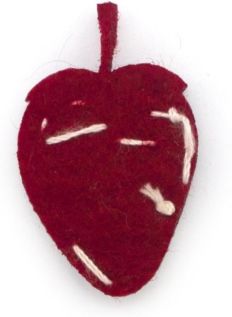 Close-up of red felt strawberry trim showing details of crystals.