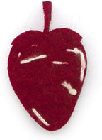 Close-up of red felt strawberry trim showing details of crystals.