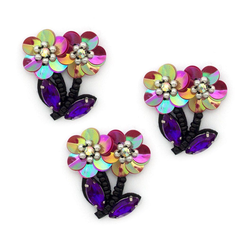 Double flower sew-on trim with pink sequins and purple crystals