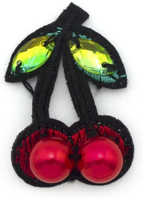 Pack of 5 red cherry embroidered trims displayed together.