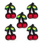 Red cherry embroidered sew-on trim with green crystals.
