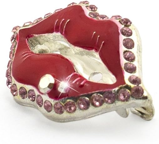 Close-up of red lips brooch showcasing the pink diamante detail