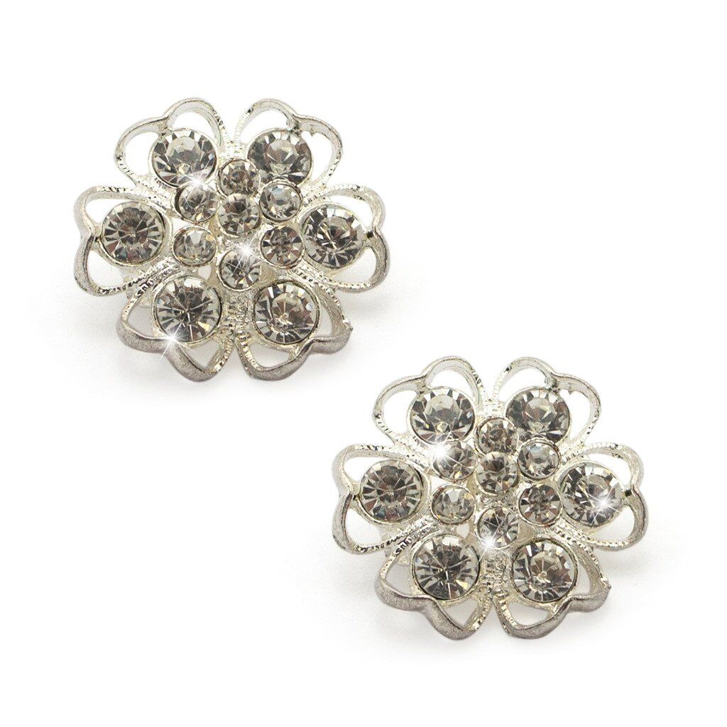 Two elegant 3D silver crystal diamante flower brooches displayed together.