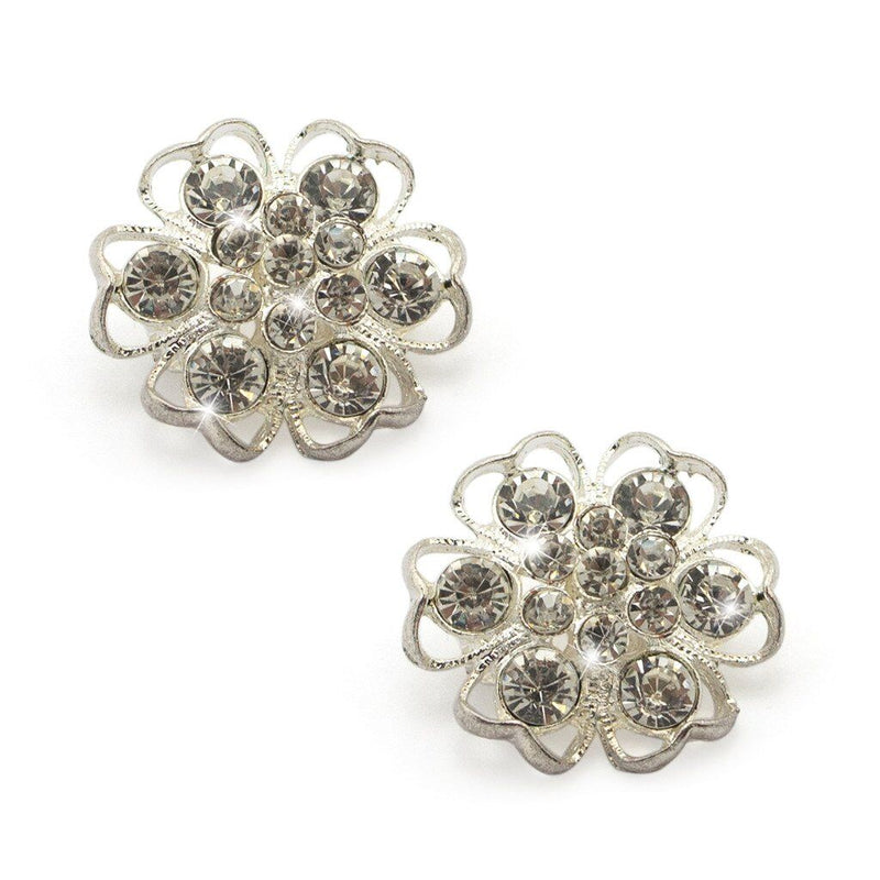 Two elegant 3D silver crystal diamante flower brooches displayed together.