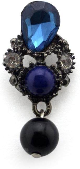 Close-up of blue black bead and crystal brooch pin details