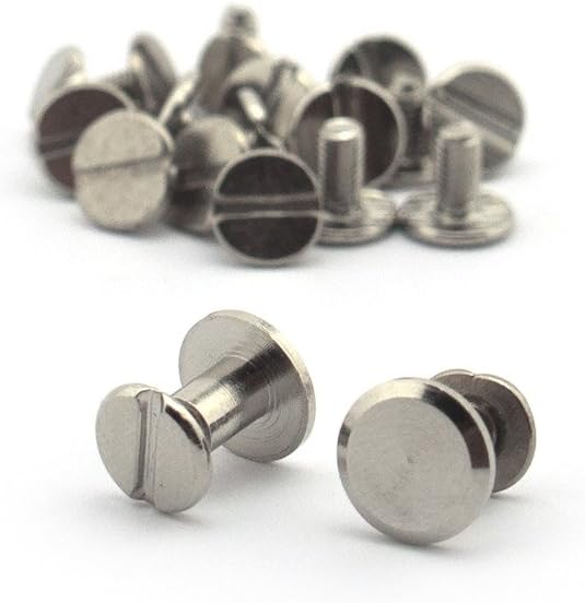 Close-up of 8mm diameter silver binding screws with screw-in studs.