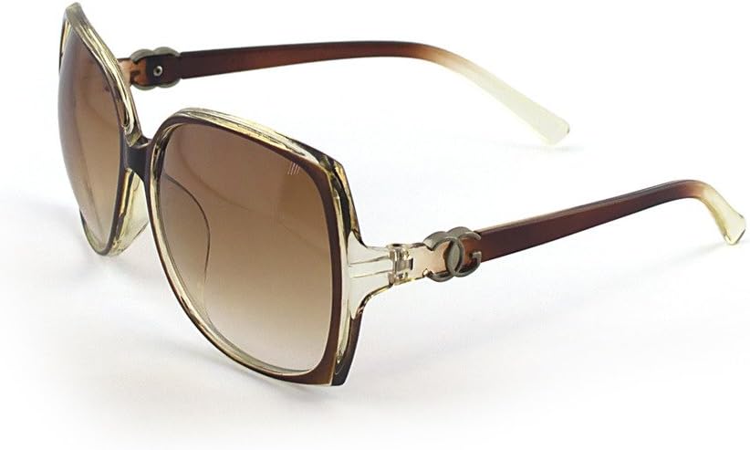 Close-up of silver 'CG' detailing on the temple of sunglasses.