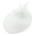 White feather flower fascinator hat with lace and beads.