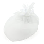 White feather flower fascinator hat with lace and beads.