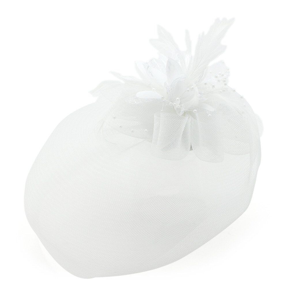 White feather flower fascinator hat with lace and beads.