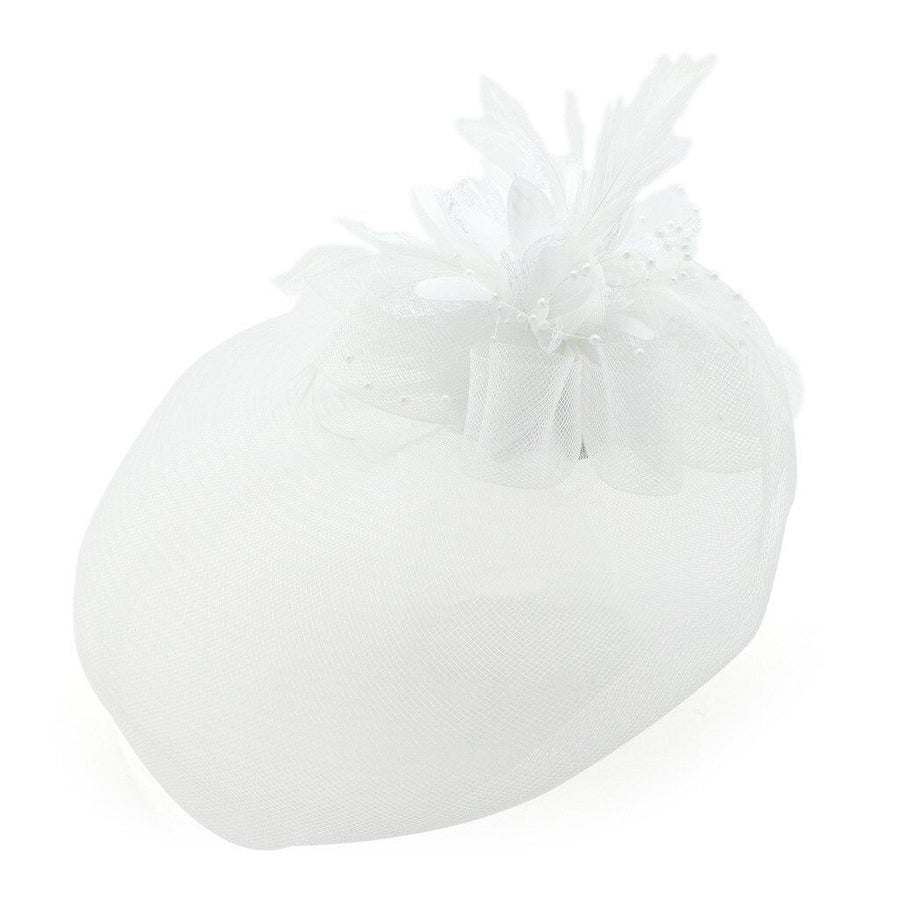 Ladies' Fashionable Feather Flower Bead Detailed and Mesh Ascot/Derby Day Fascinator Hat Headdress - White