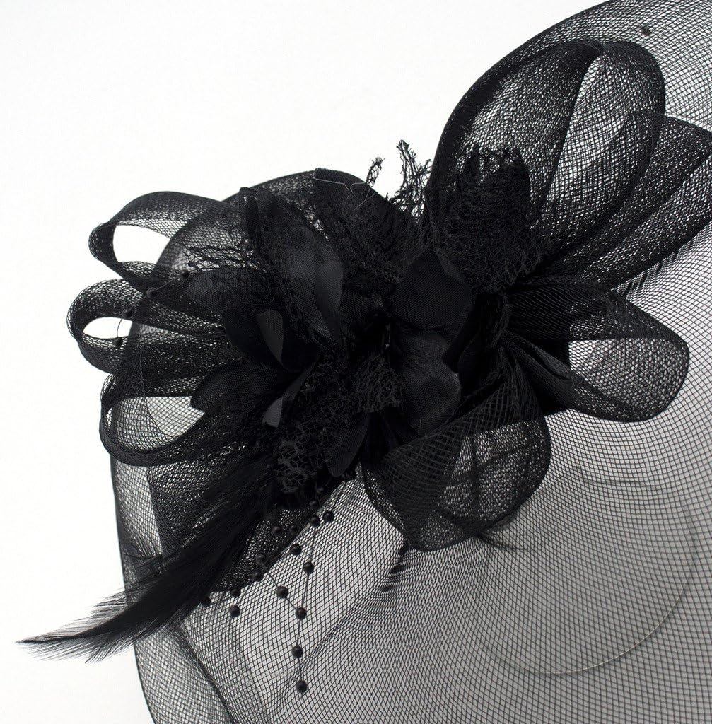 Ladies' Fashionable Feather Flower Bead Detailed and Mesh Ascot/Derby Day Fascinator Hat Headdress - Black