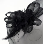 Ladies' Fashionable Feather Flower Bead Detailed and Mesh Ascot/Derby Day Fascinator Hat Headdress - Black