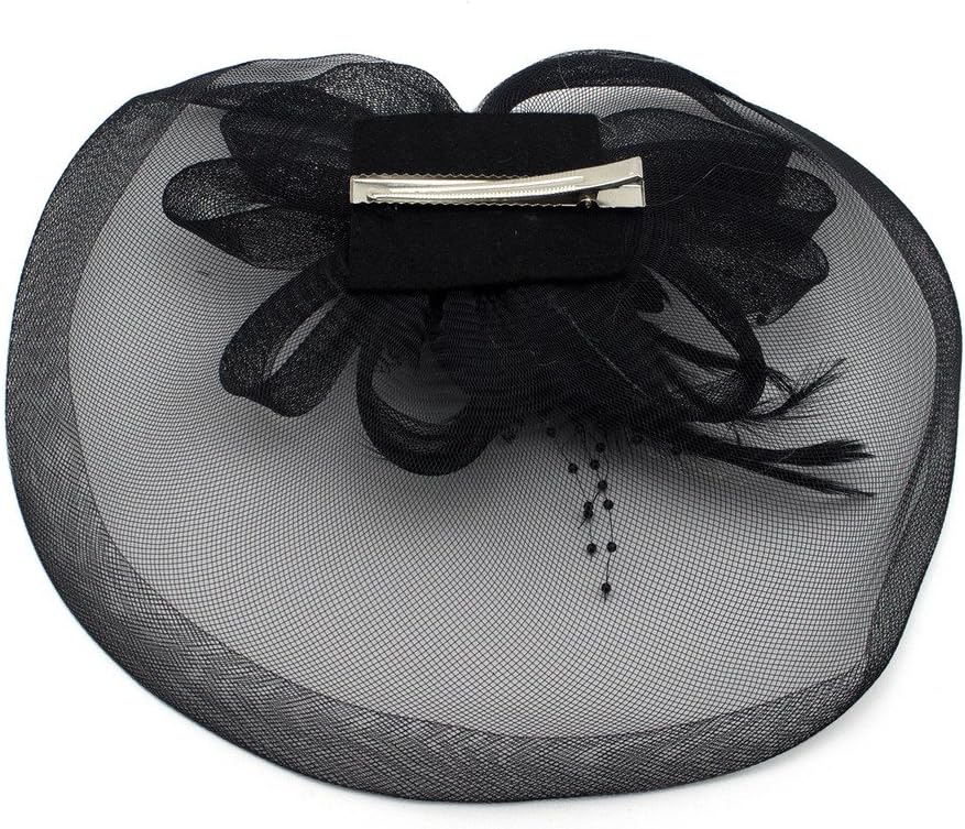 Ladies' Fashionable Feather Flower Bead Detailed and Mesh Ascot/Derby Day Fascinator Hat Headdress - Black