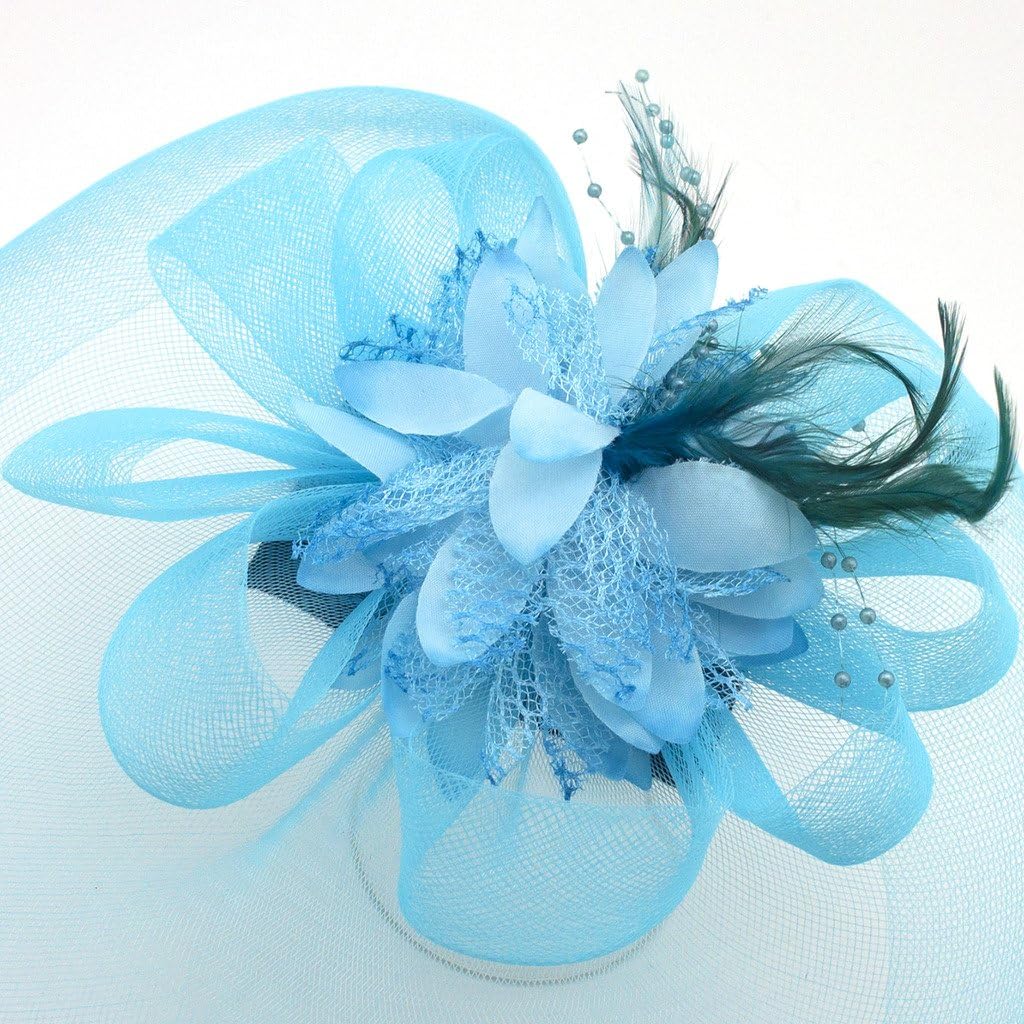 Ladies' Fashionable Feather Flower Bead Detailed and Mesh Ascot/Derby Day Fascinator Hat Headdress - Sky Blue