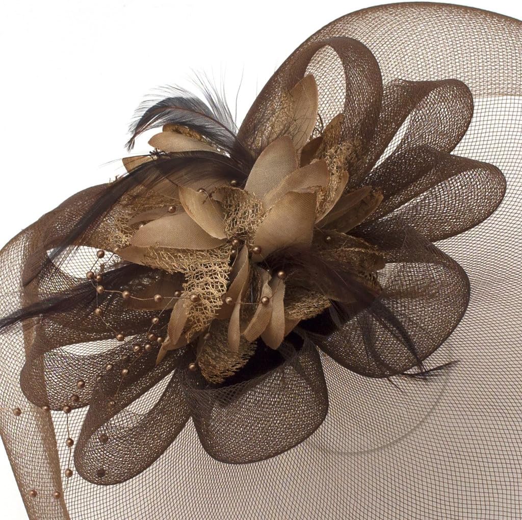 Ladies' Fashionable Feather Flower Bead Detailed and Mesh Ascot/Derby Day Fascinator Hat Headdress - Brown