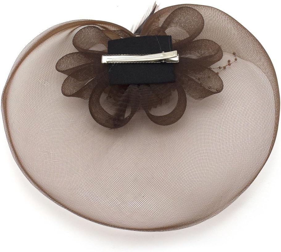 Ladies' Fashionable Feather Flower Bead Detailed and Mesh Ascot/Derby Day Fascinator Hat Headdress - Brown