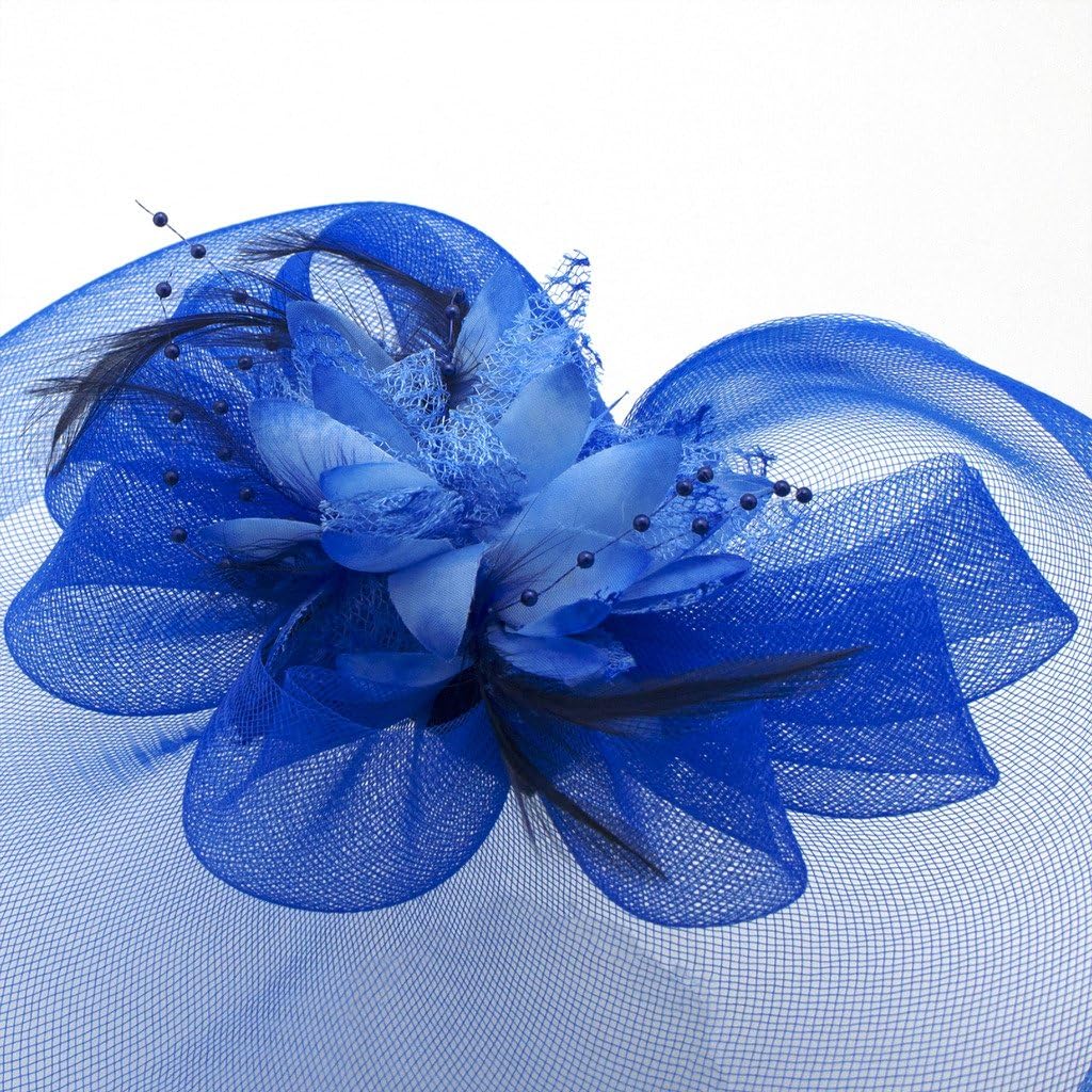 Ladies' Fashionable Feather Flower Bead Detailed and Mesh Ascot/Derby Day Fascinator Hat Headdress - Blue