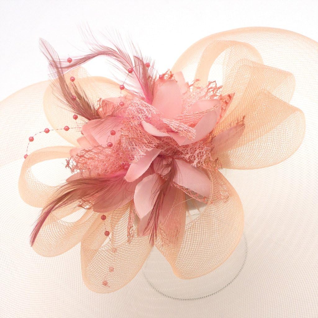 Ladies' Fashionable Feather Flower Bead Detailed and Mesh Ascot/Derby Day Fascinator Hat Headdress - Pale Pink