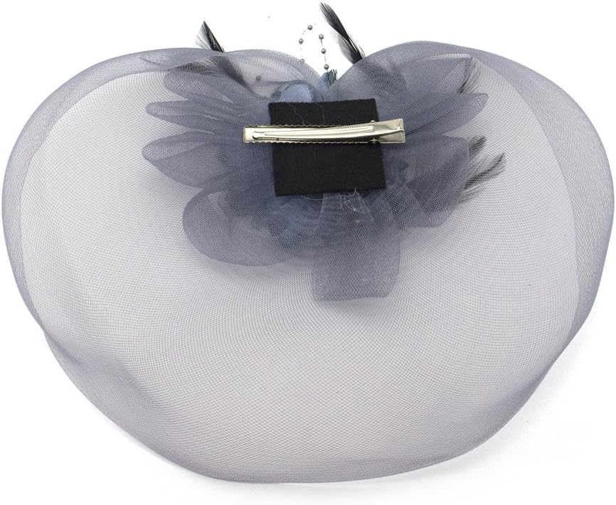 Ladies' Fashionable Feather Flower Bead Detailed and Mesh Ascot/Derby Day Fascinator Hat Headdress - Blue Grey