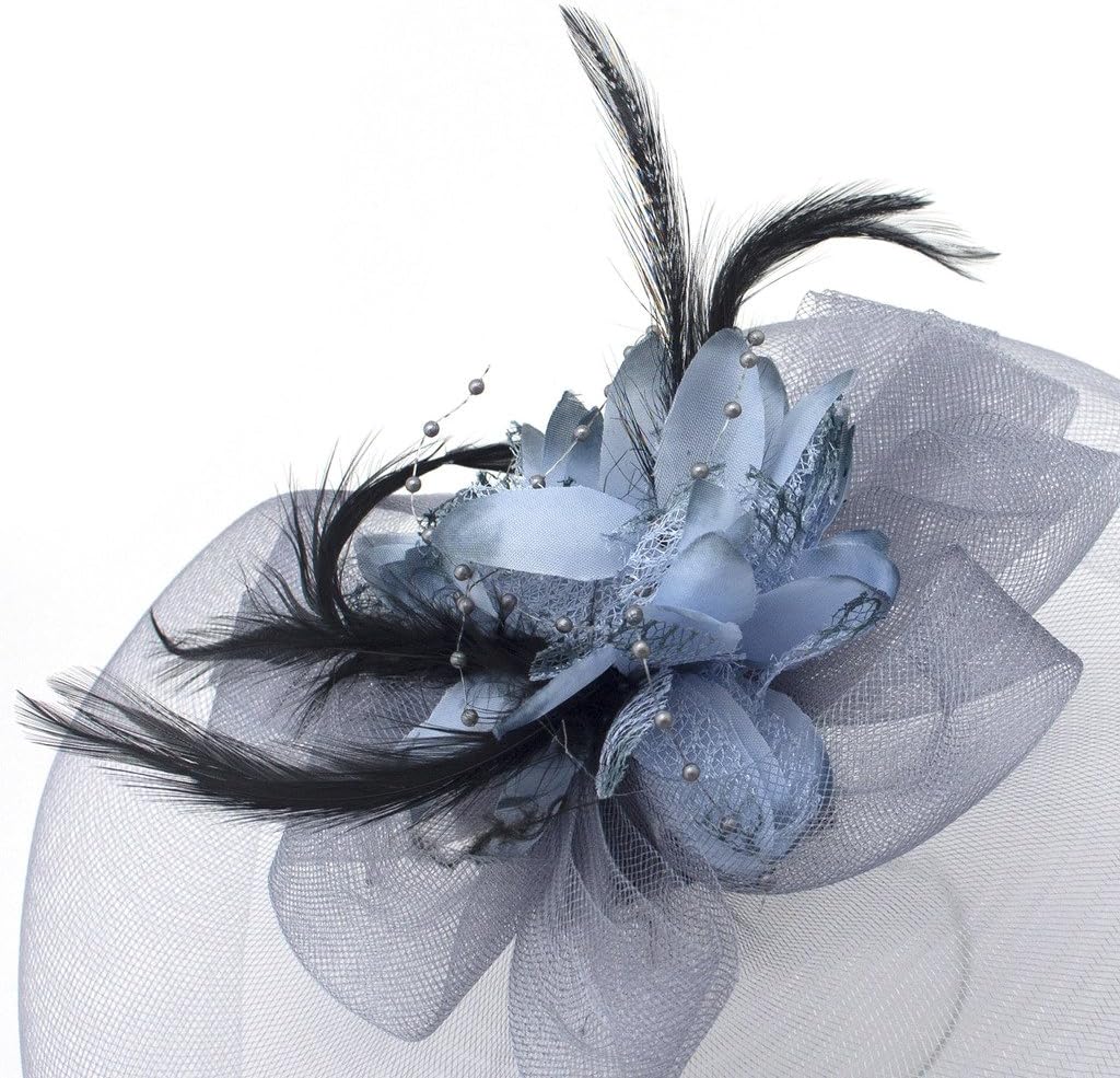 Ladies' Fashionable Feather Flower Bead Detailed and Mesh Ascot/Derby Day Fascinator Hat Headdress - Blue Grey